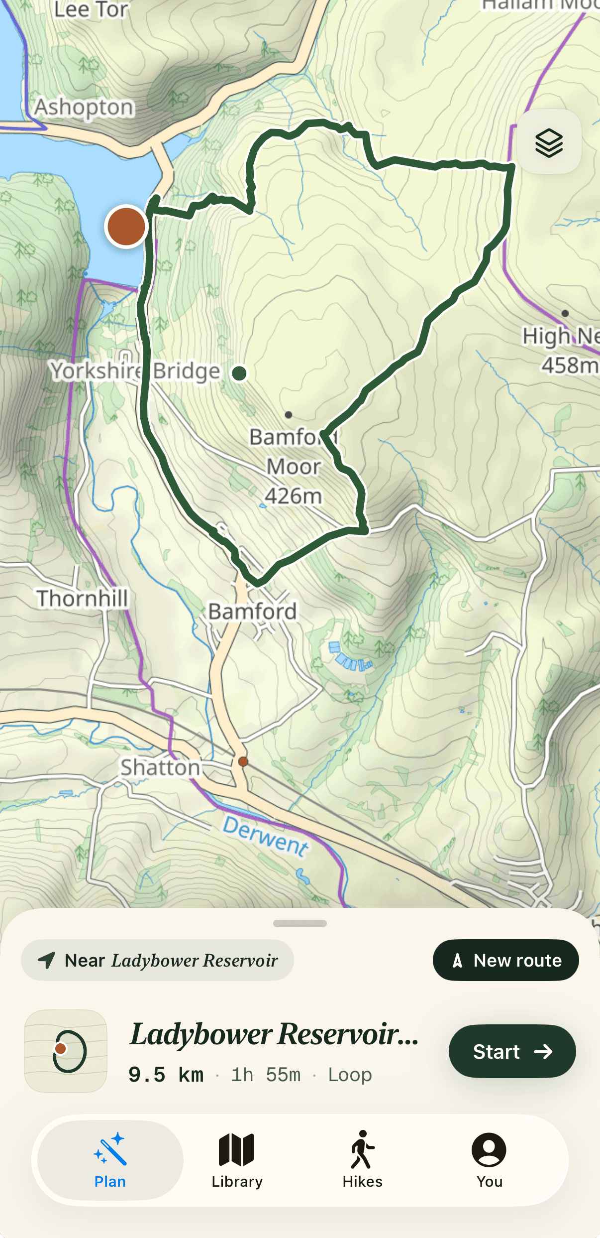 The Wayfindr app showing a reservoir loop on an OS-style map